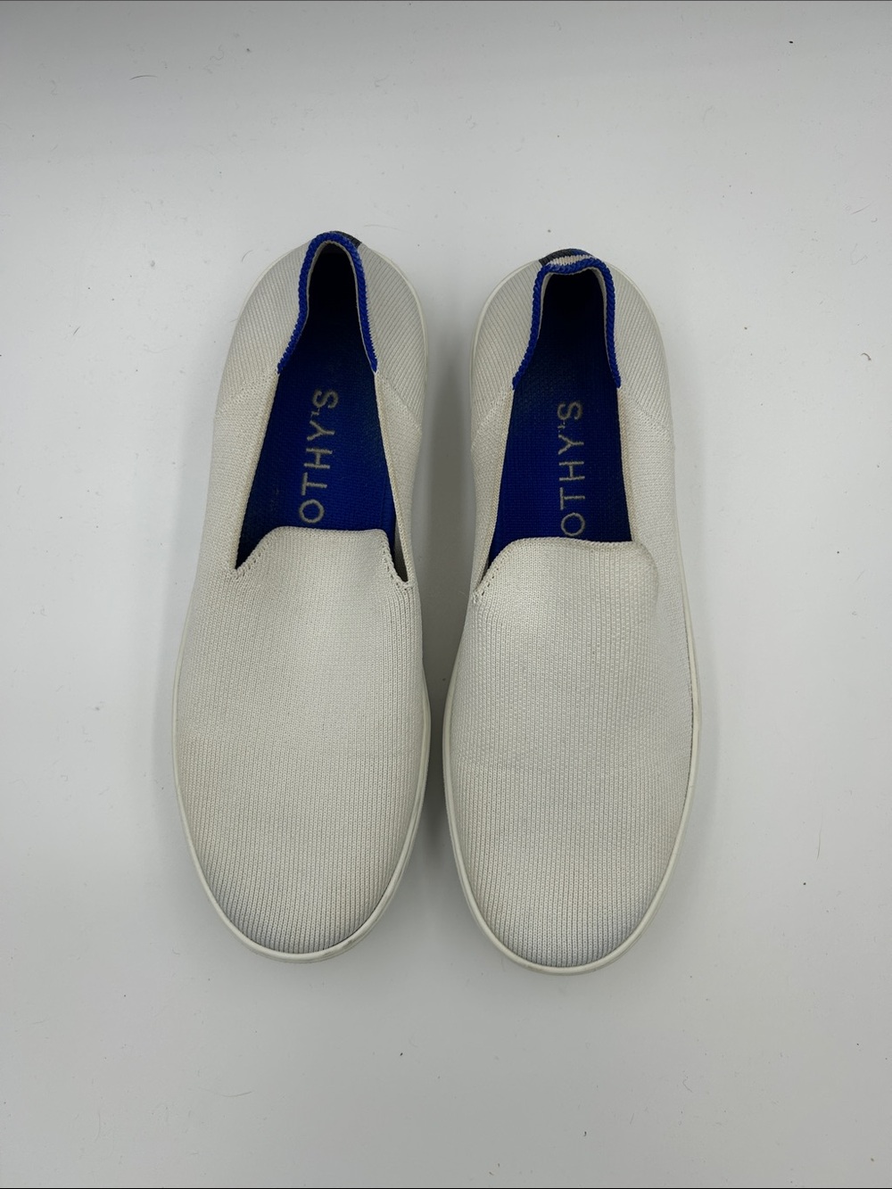 Rothy's The Sneaker in White/Bright Blue Striped Heel Size 8